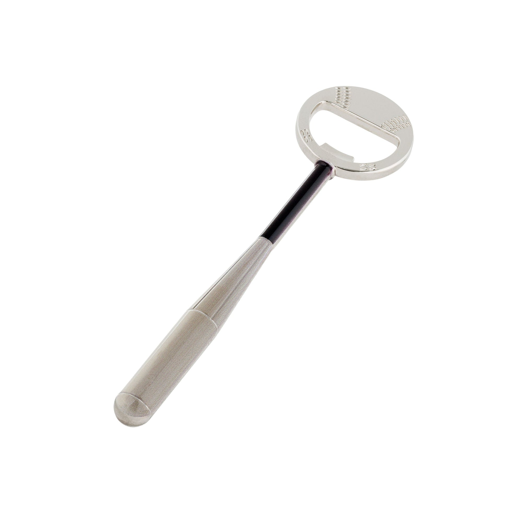 Full view of baseball bat bottle opener with metal finish, perfect novelty gift for beer lovers and sports fans