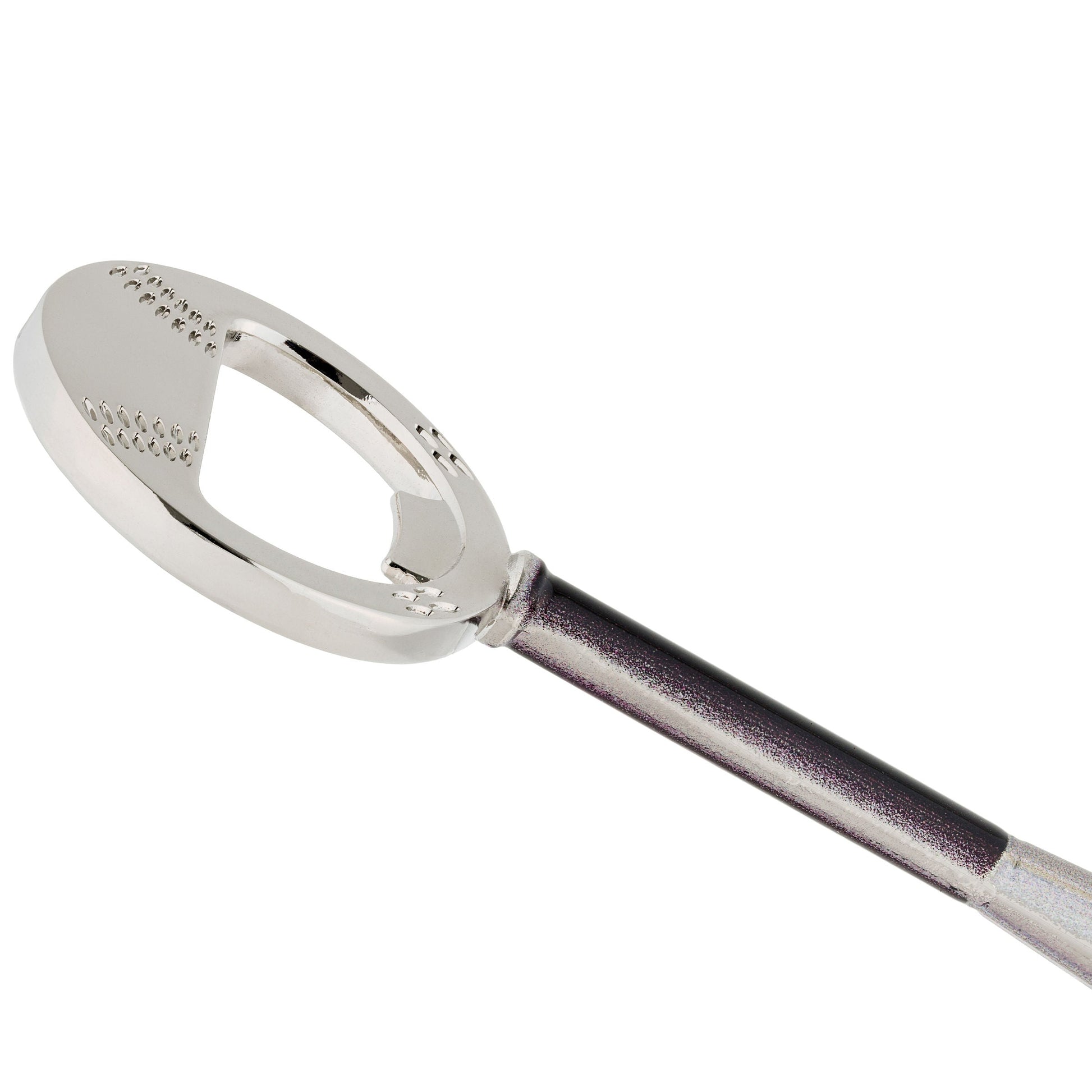 Angled close-up of baseball bottle opener head showing stainless steel finish and stitching detail