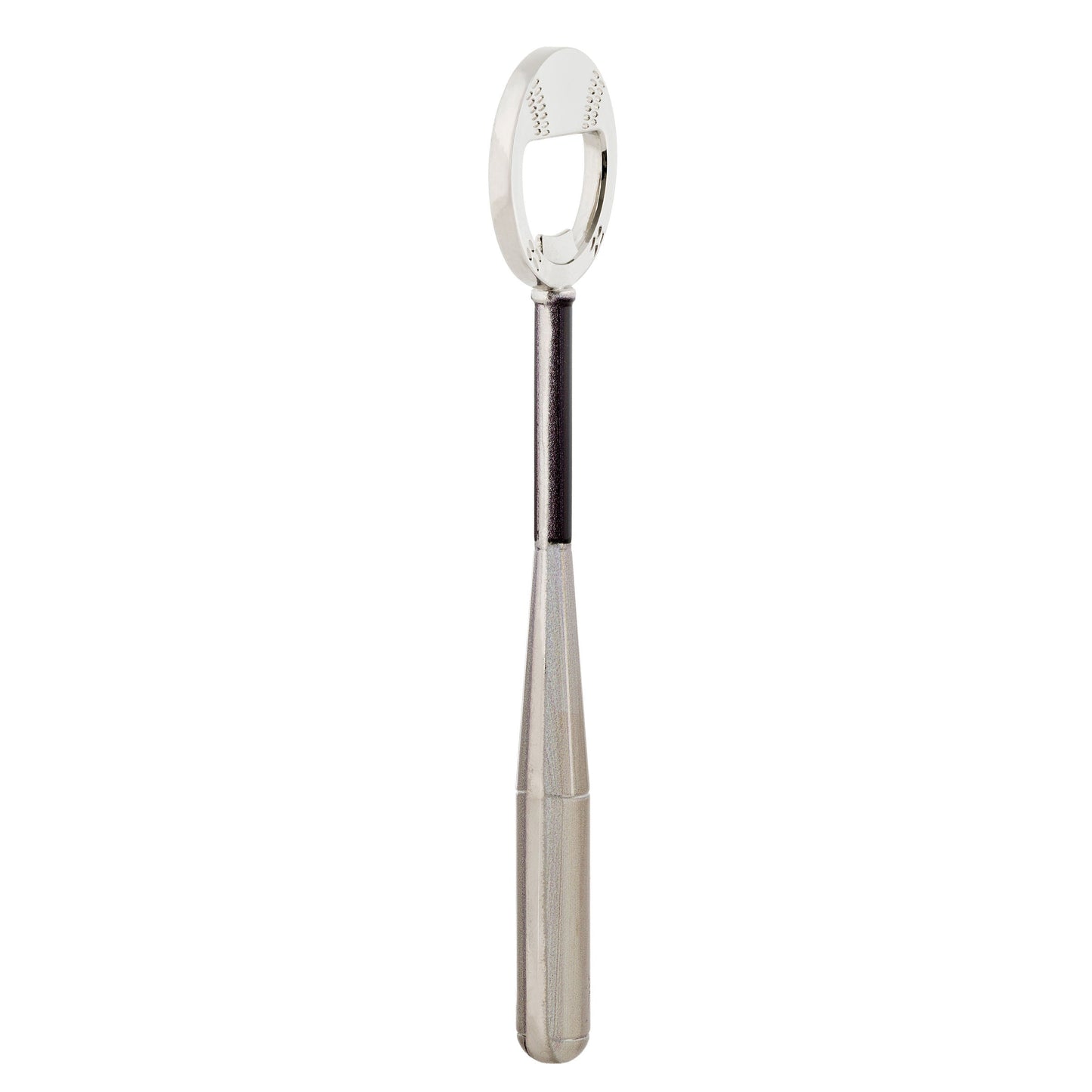 Full front view of stainless steel baseball bat bottle opener, ideal novelty gift for beer lovers