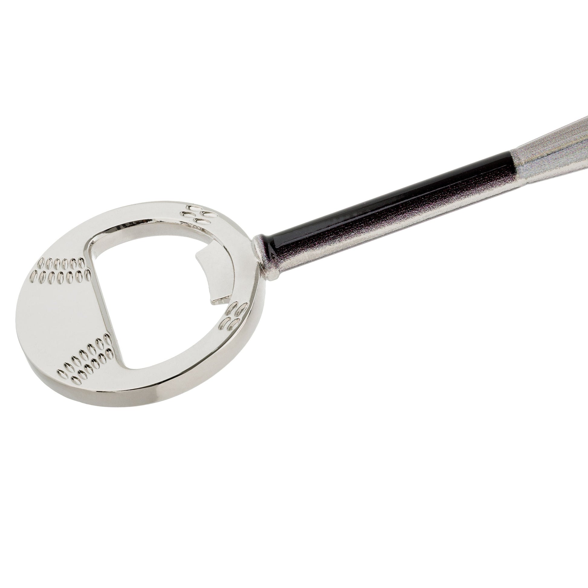 Close-up of metal baseball bottle opener head, durable bar accessory and novelty gift