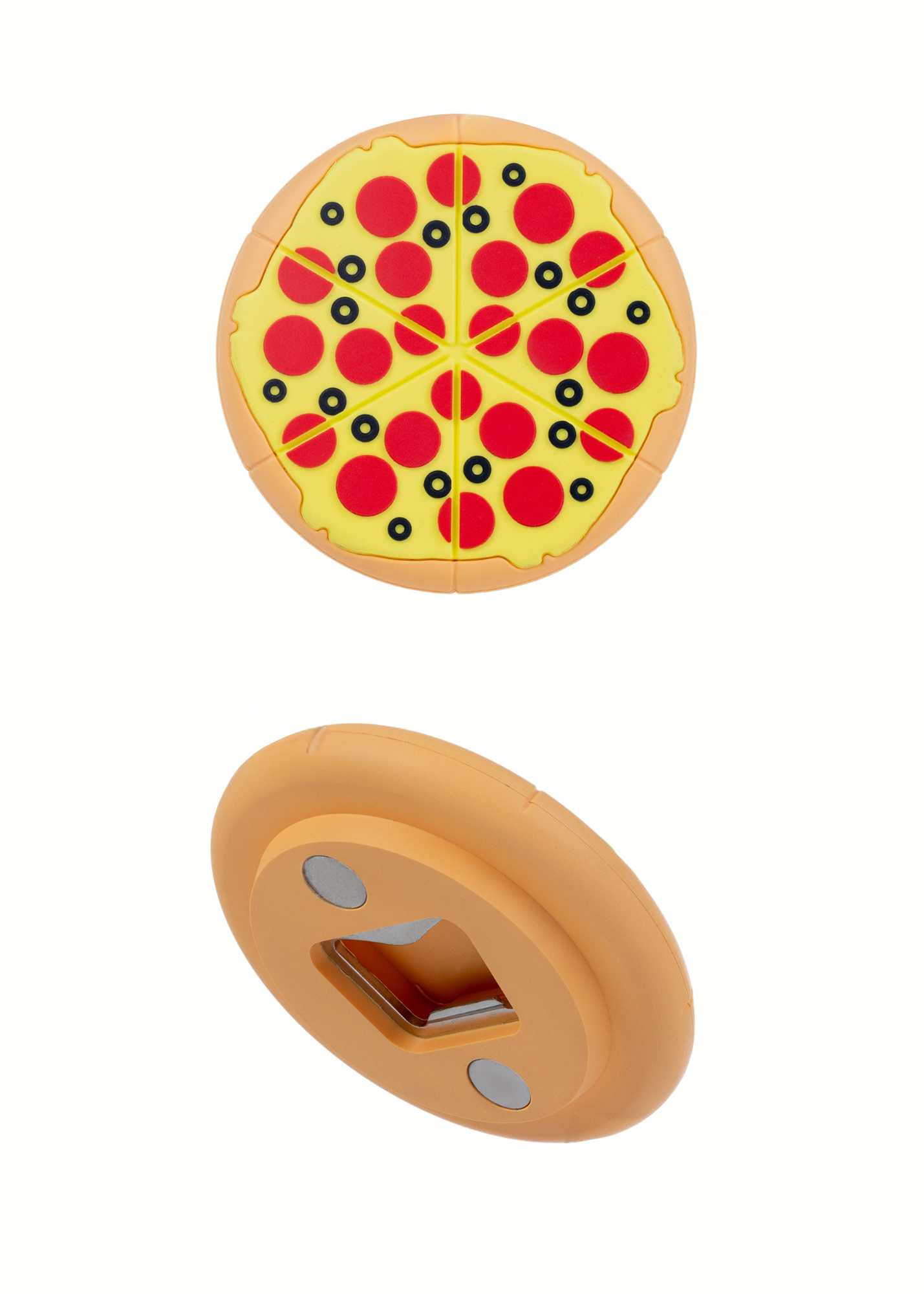 Pizza-shaped bottle opener front and back view – fun kitchen magnet and gift