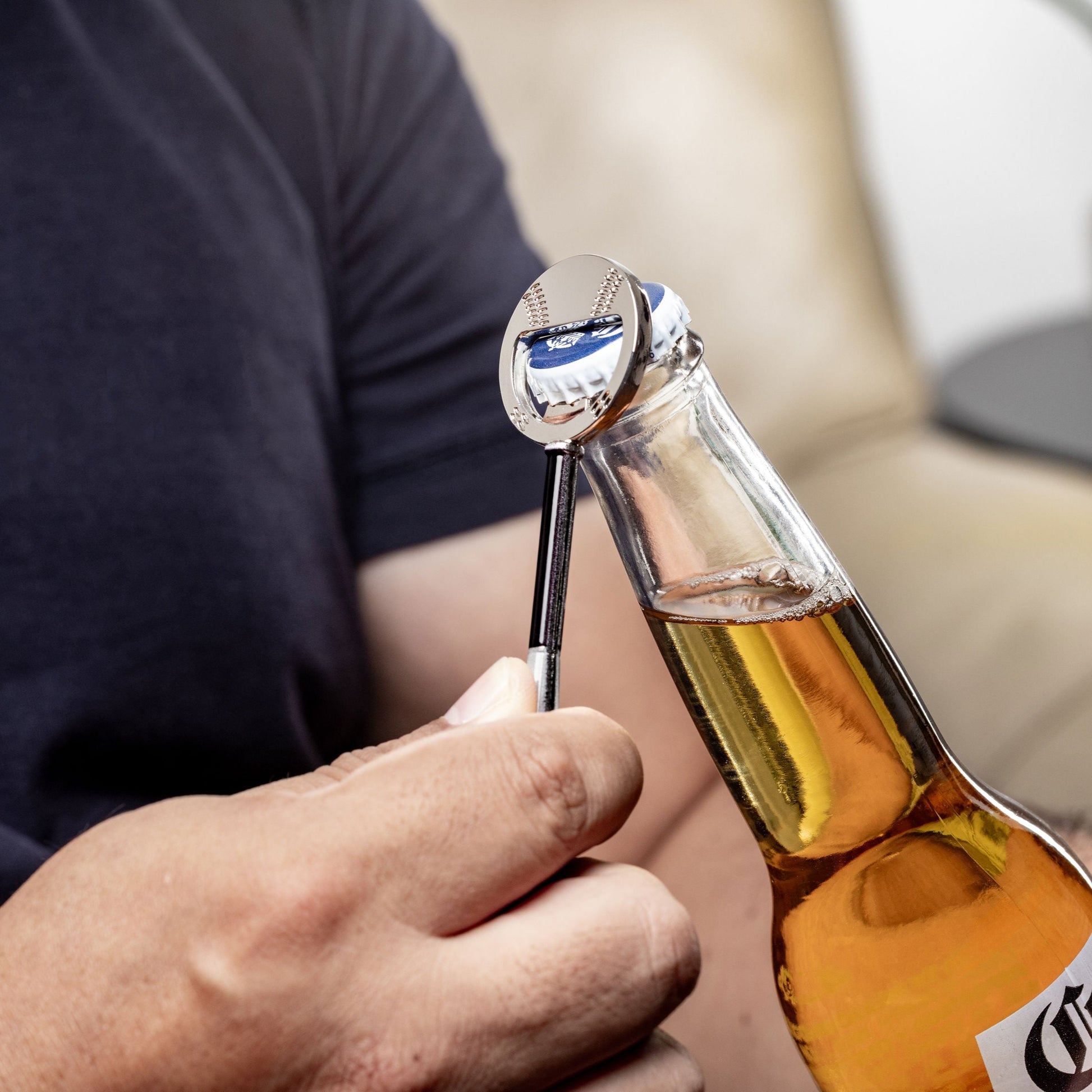 Sports-themed baseball bottle opener opening a beer, gift for beer lovers