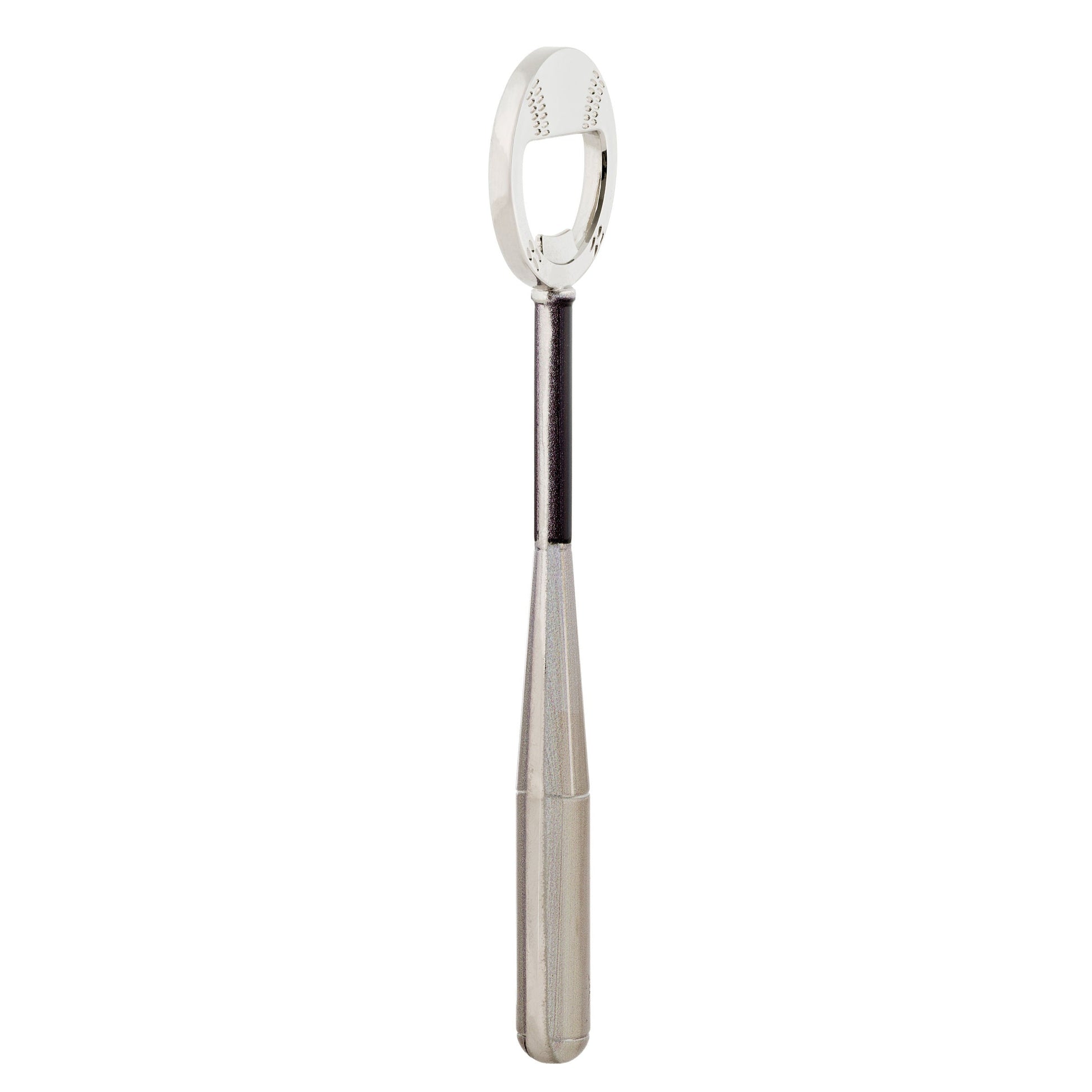 Full front view of stainless steel baseball bat bottle opener, ideal novelty gift for beer lovers